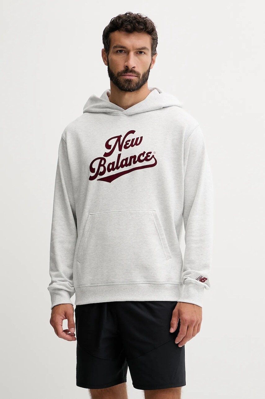 Bavlnená mikina New Balance šedá farba, s kapucňou, melanžová, MT53902AHH