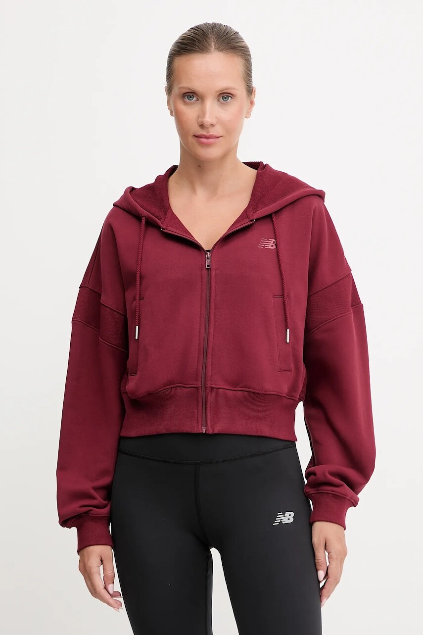 Bavlnená mikina New Balance bordová farba, s kapucňou, jednofarebná, WJ51506MHB