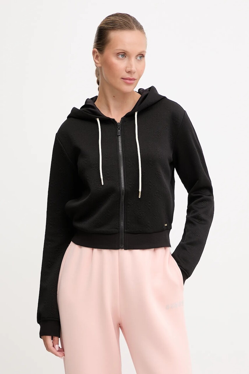 Mikina Guess PEONY čierna farba, s kapucňou, jednofarebná, V5YQ06 KBSL2