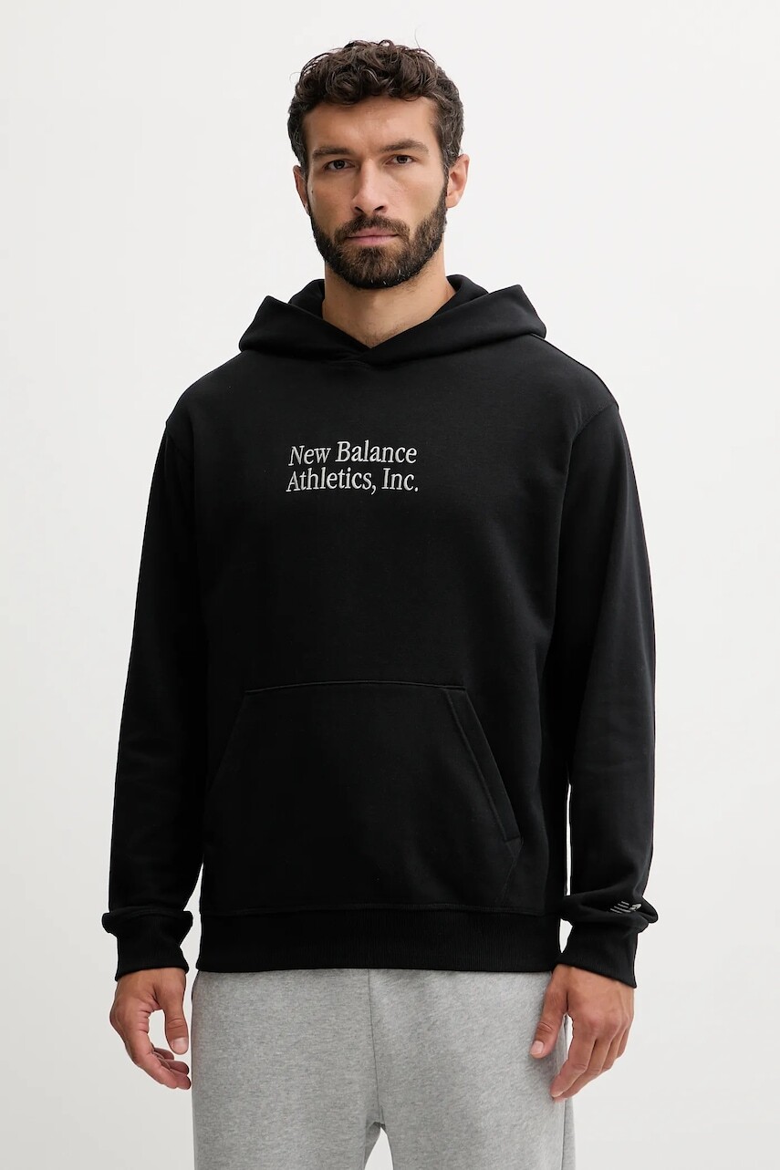 Bavlnená mikina New Balance čierna farba, s kapucňou, jednofarebná, MT53925BK