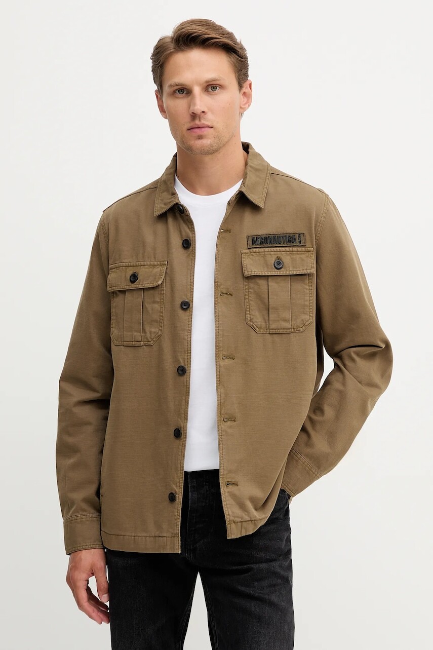 Bavlnená košeľová bunda Aeronautica Militare zelená farba, prechodná, AC0036UCT04233