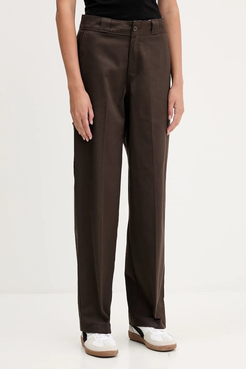 Bavlnené nohavice Dickies hnedá farba, široké, vysoký pás, DK0A87PL