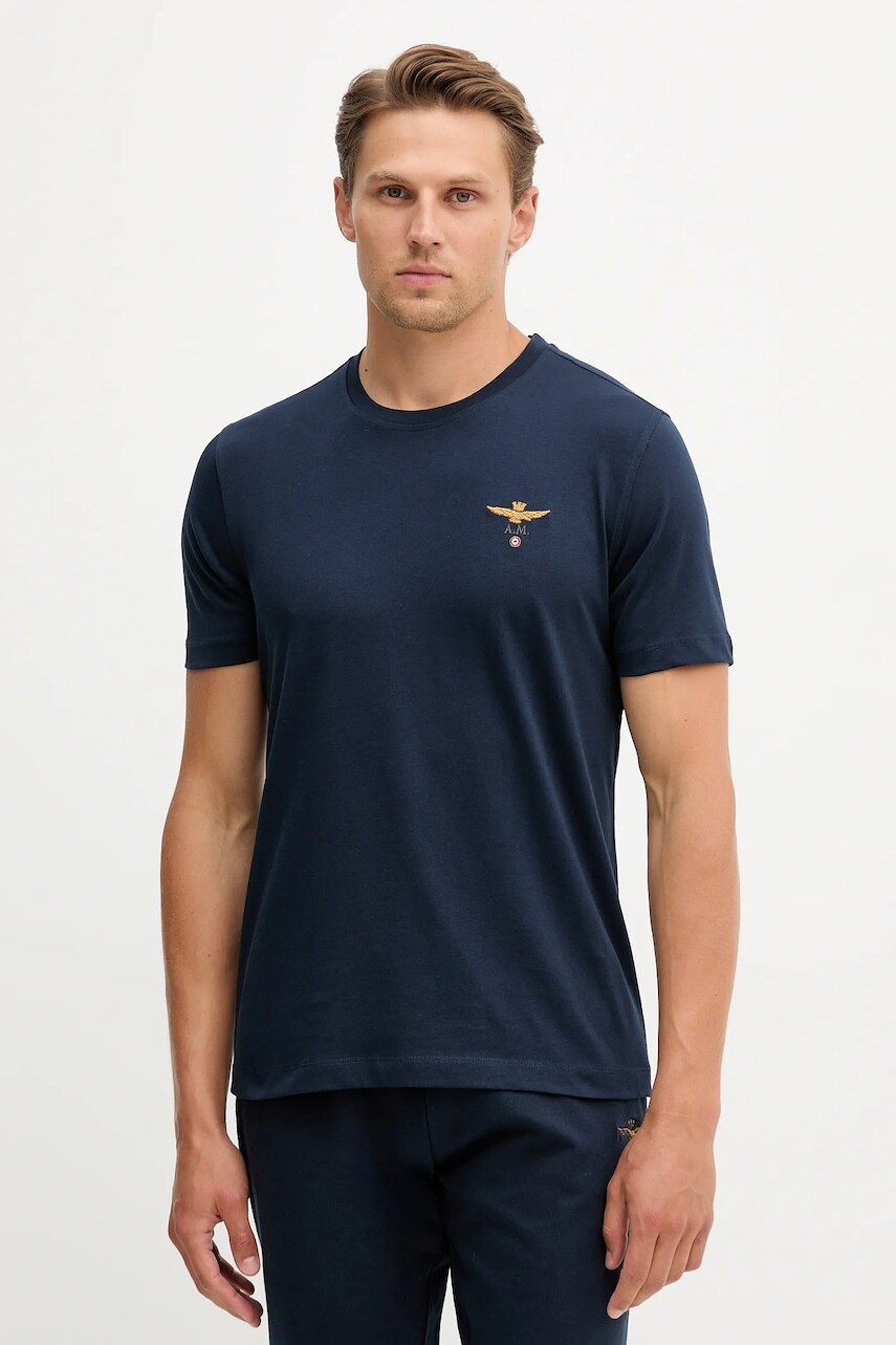 Bavlnené tričko Aeronautica Militare pánske, tmavomodrá farba, s nášivkou, TS1580UJ00372