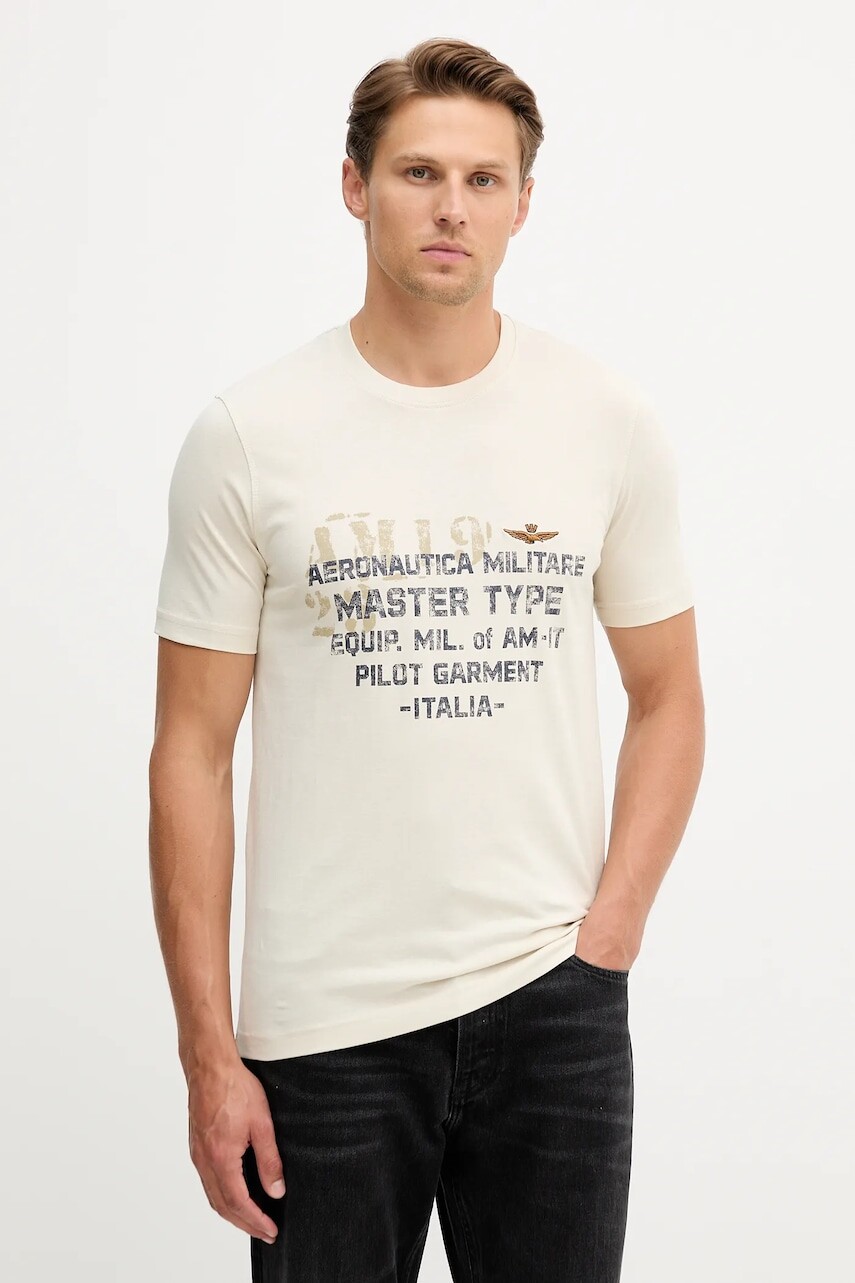 Bavlnené tričko Aeronautica Militare pánske, béžová farba, s potlačou, TS2479UJ00641