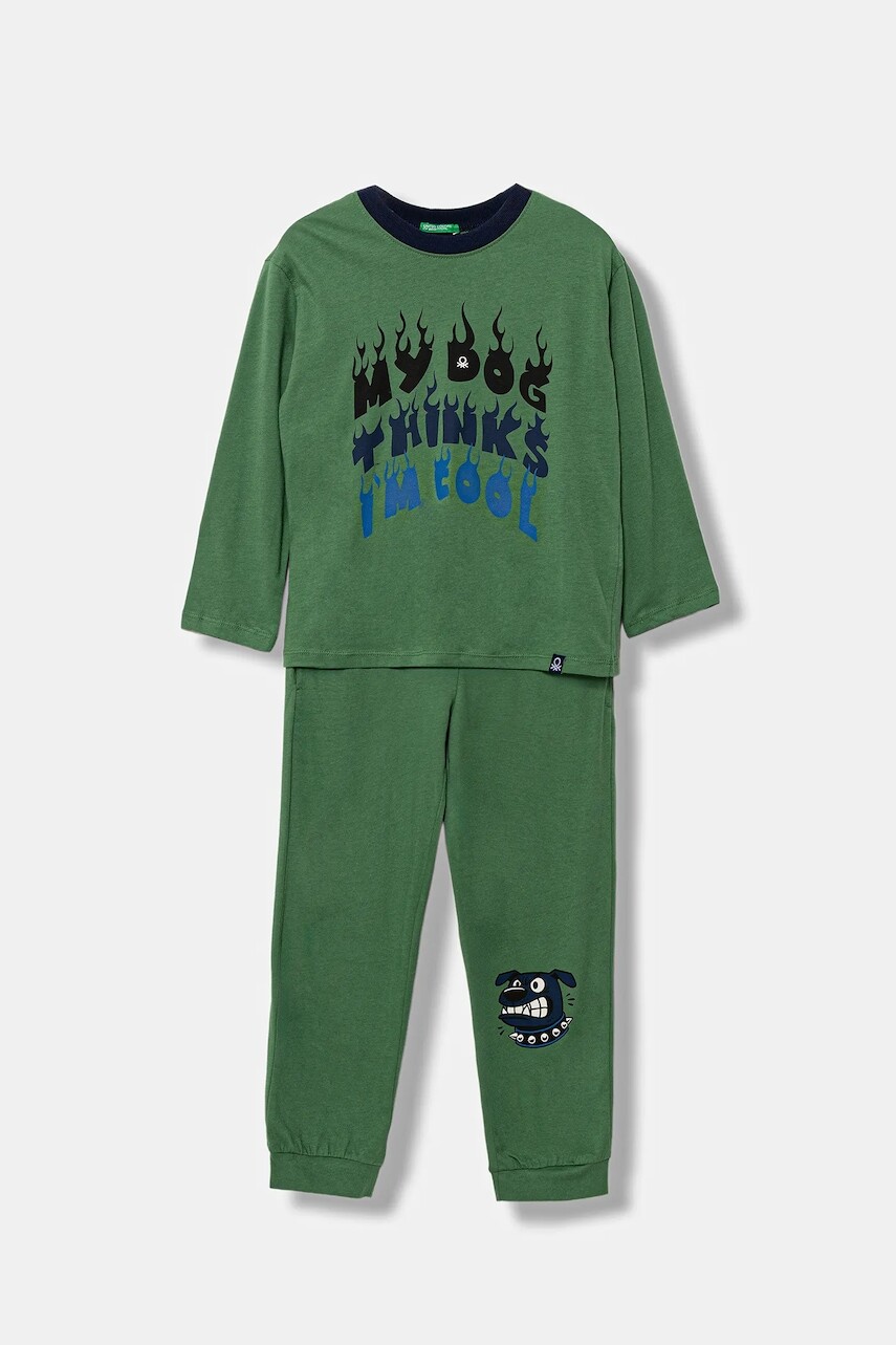 Detské bavlnené pyžamo United Colors of Benetton zelená farba, s potlačou, 3VD00P08X