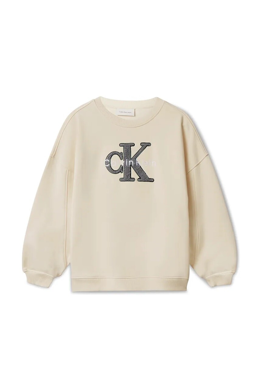 Detská bavlnená mikina Calvin Klein Jeans béžová farba, s nášivkou, IG0IG03014