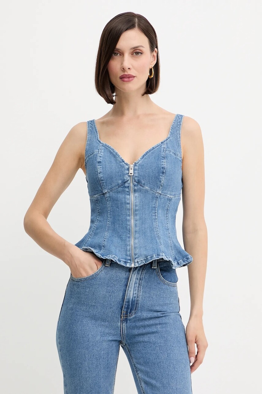 Džínsový top Guess ANIKA tmavomodrá farba, jednofarebný, W5YH0Z D4LU0