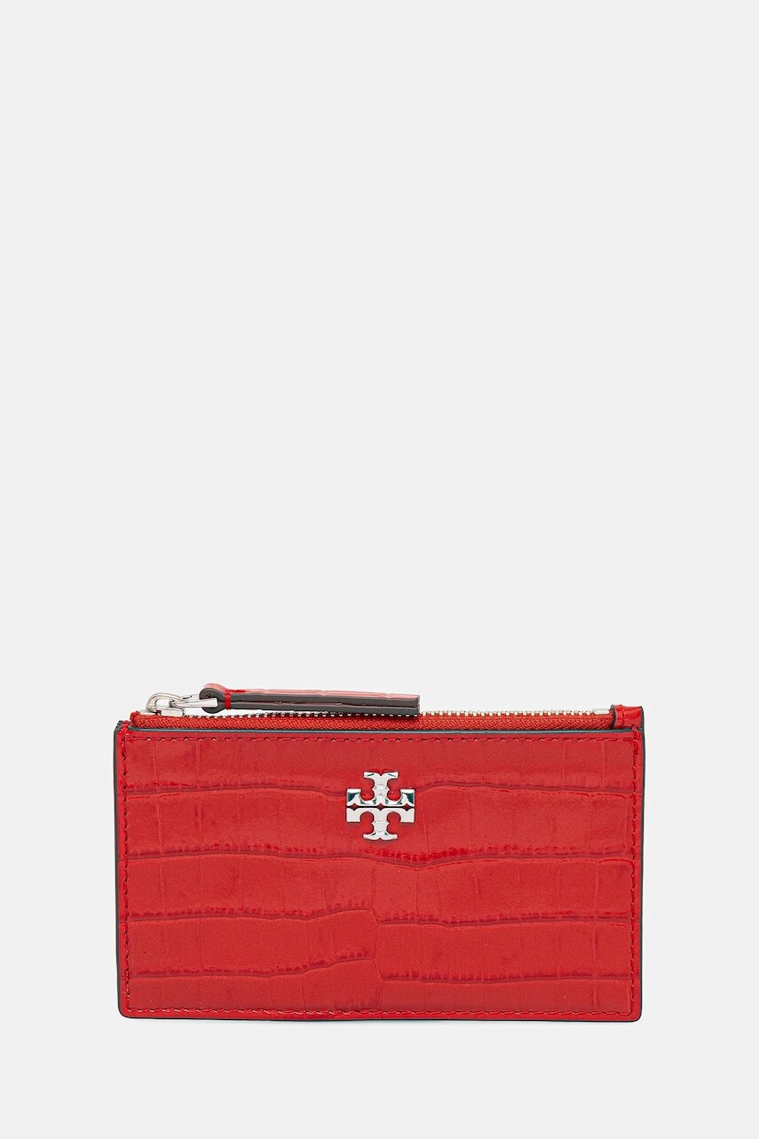 Kožená peňaženka Tory Burch Kira Croc Zip Card červená farba, 174546.600