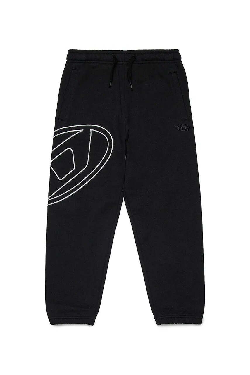 Detské bavlnené tepláky Diesel PMARKYMEGOVALD TROUSERS čierna farba, s potlačou, J02272