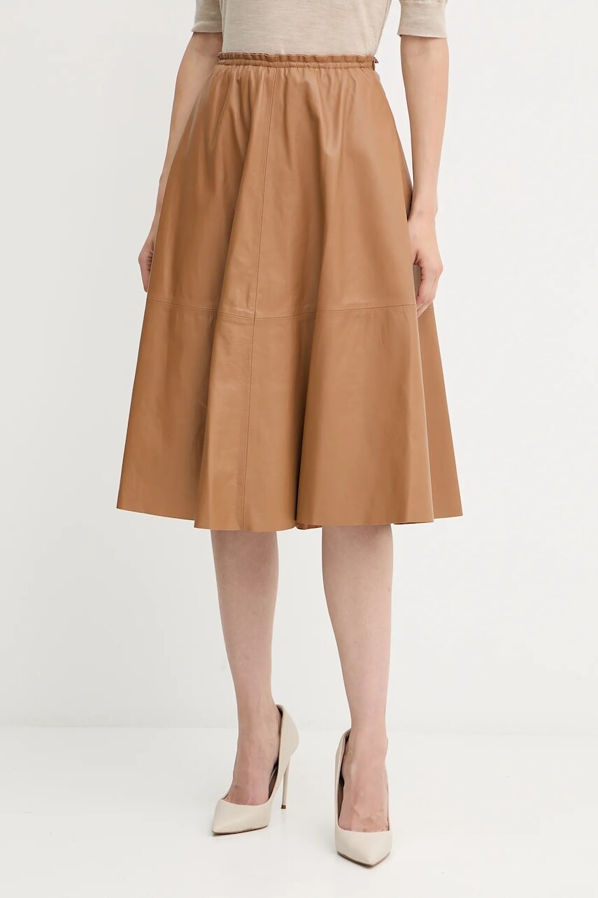 Kožená sukňa Forte Forte hnedá farba, midi, áčkový strih, 14015.my.skirt
