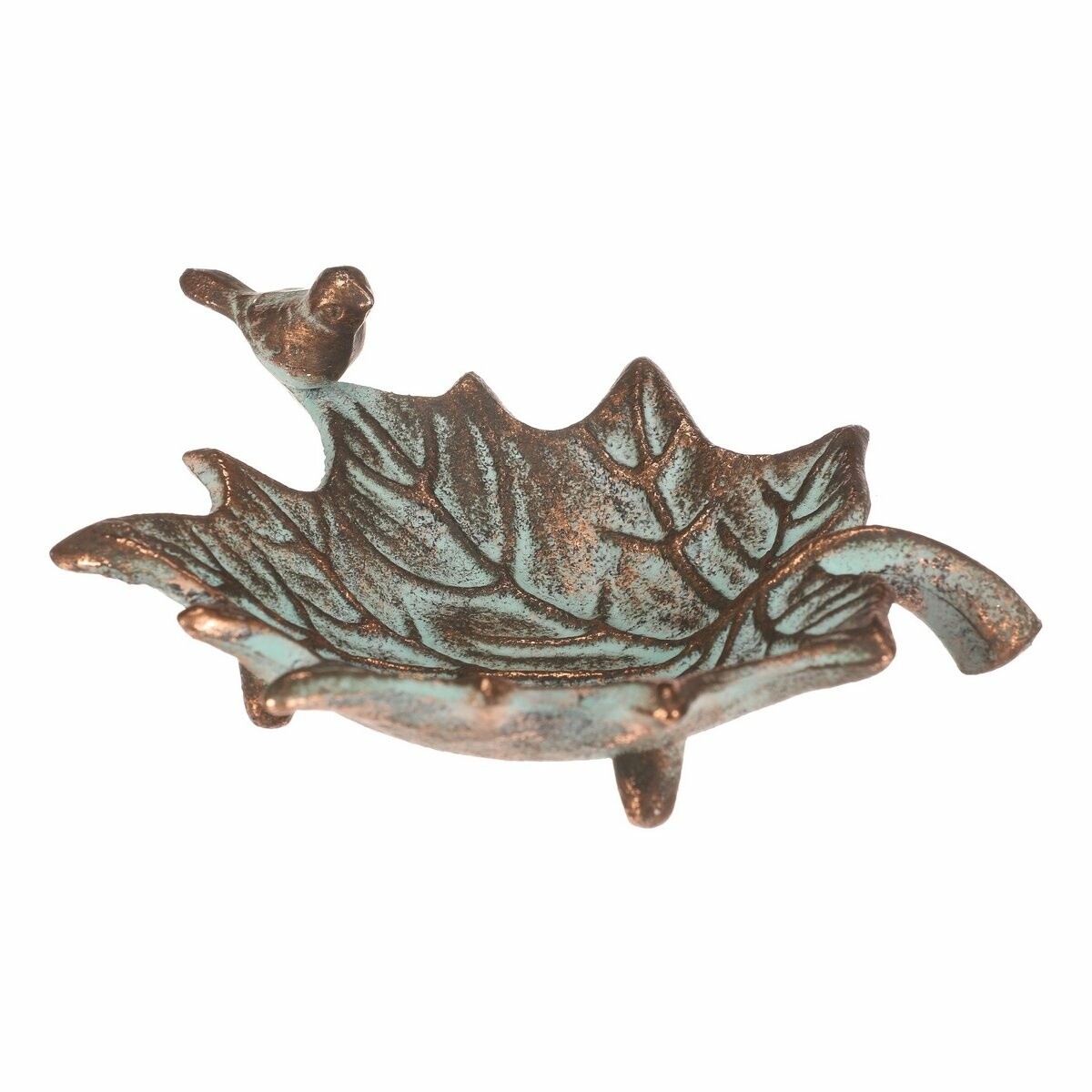 Kovový pítko Javorový list s ptáčkem Romance, 17 x16 x 6 cm, měděné