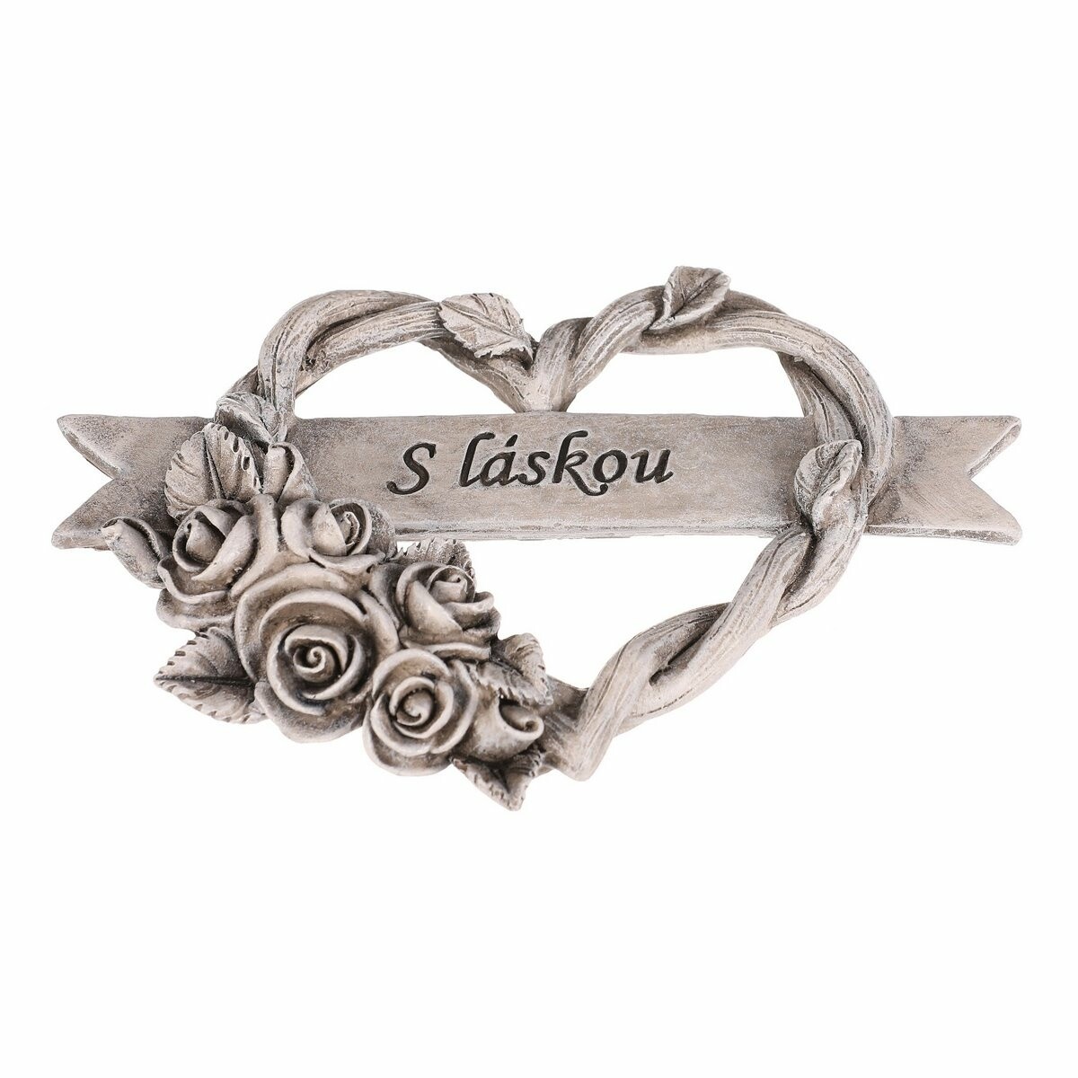 Pietní dekorácia Srdce s ružami a stuhou,polyresin, 12 x 10 x 2 cm