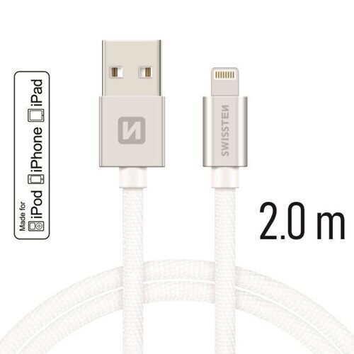 Lightning (8pin) kábel MFI Swissten opletený, 2M - bielo-strieborný