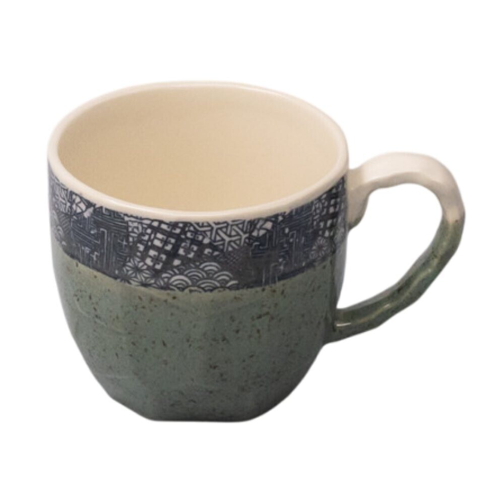 Hrnček DARK GREEN WITH PATCHWORK BAND 250 ml, zelená, keramika, MIJ