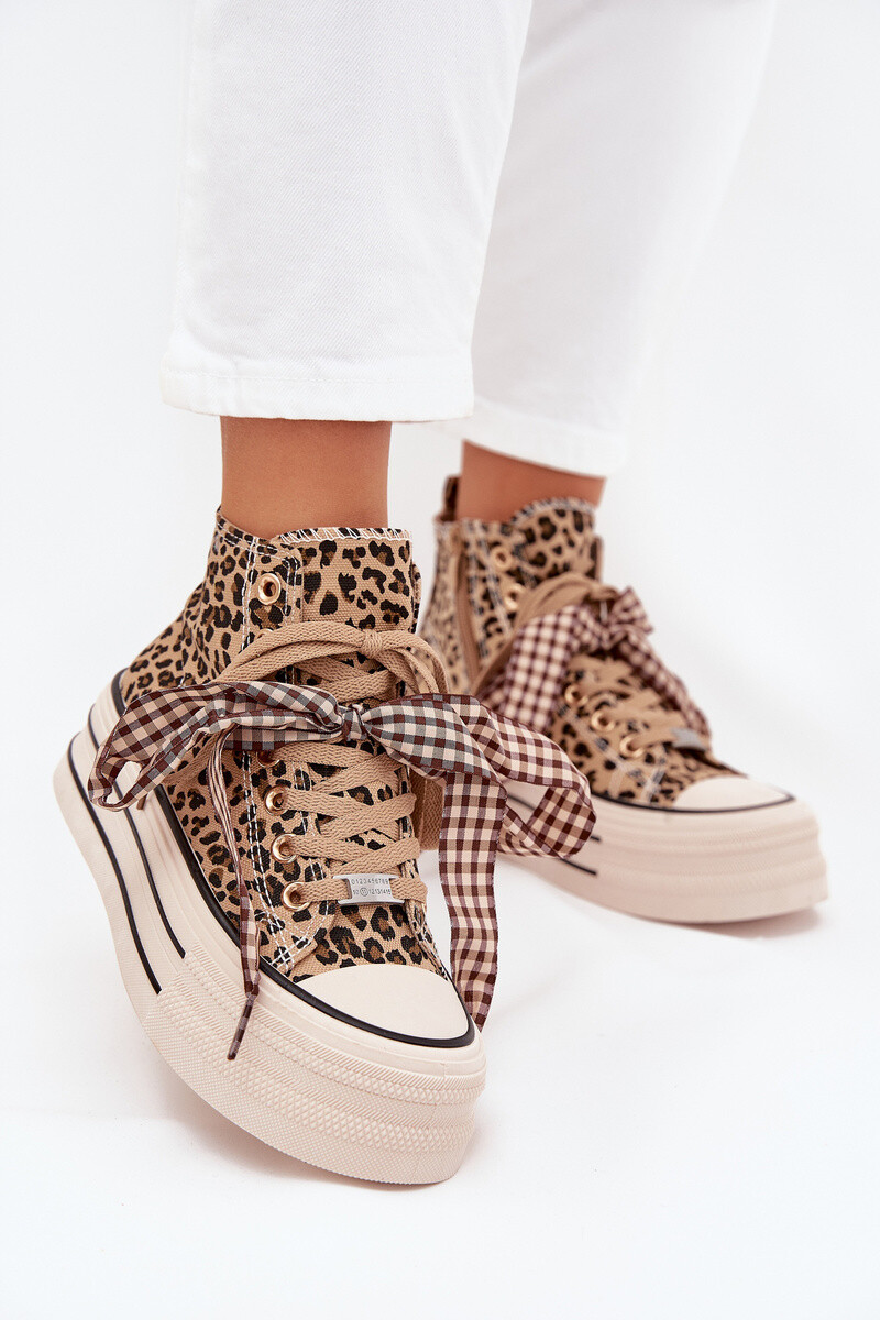 Leopardie tenisky v béžovo-čiernej farbe na masívnej platforme s ozdobným šnurovaním - 36