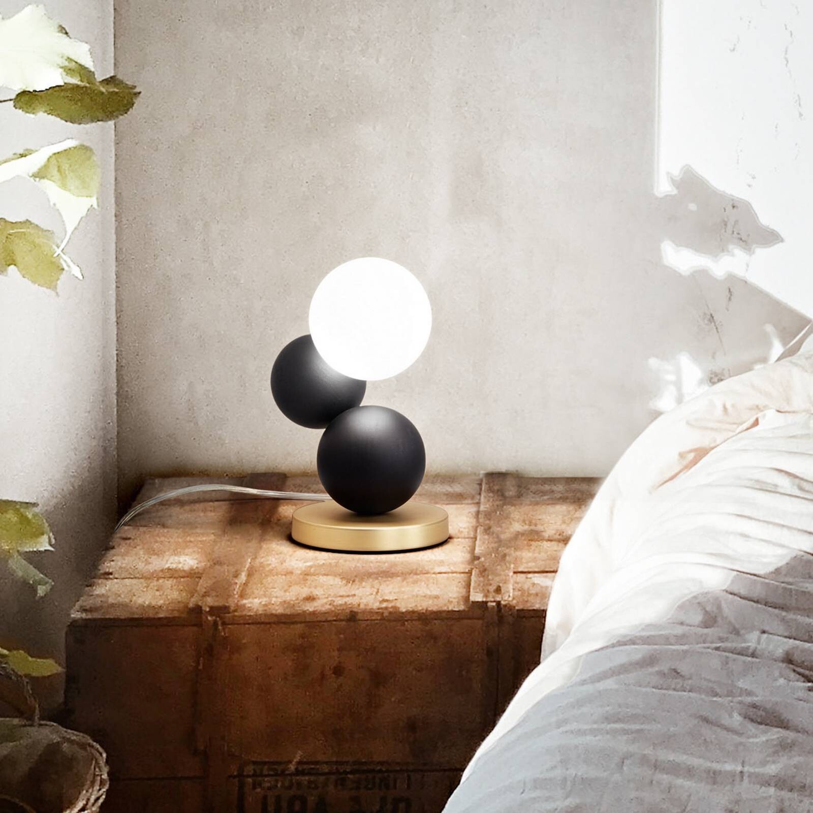 Stolová lampa Micky, čierna/mosadz, drevo, stmievateľné, G9