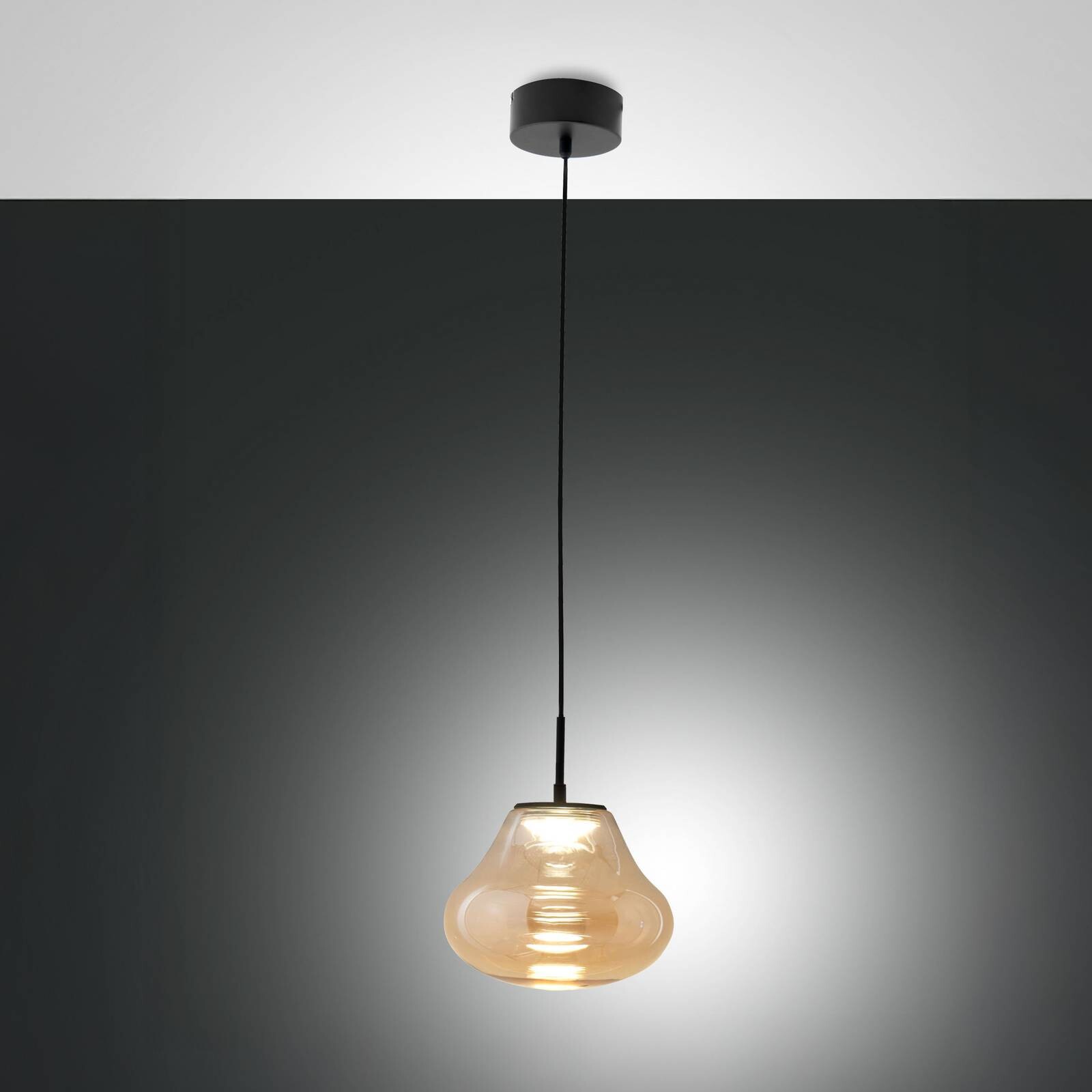 LED závesné svietidlo Deva, jantárové, sklo, Ø 25 cm, CCT, stmievateľné