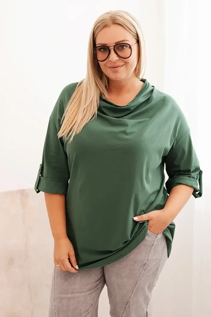 Kesi Włoski Dámska blúzka Plus Size z bavlnou vo voľnom strihu s vodným výstrihom tmavozelená