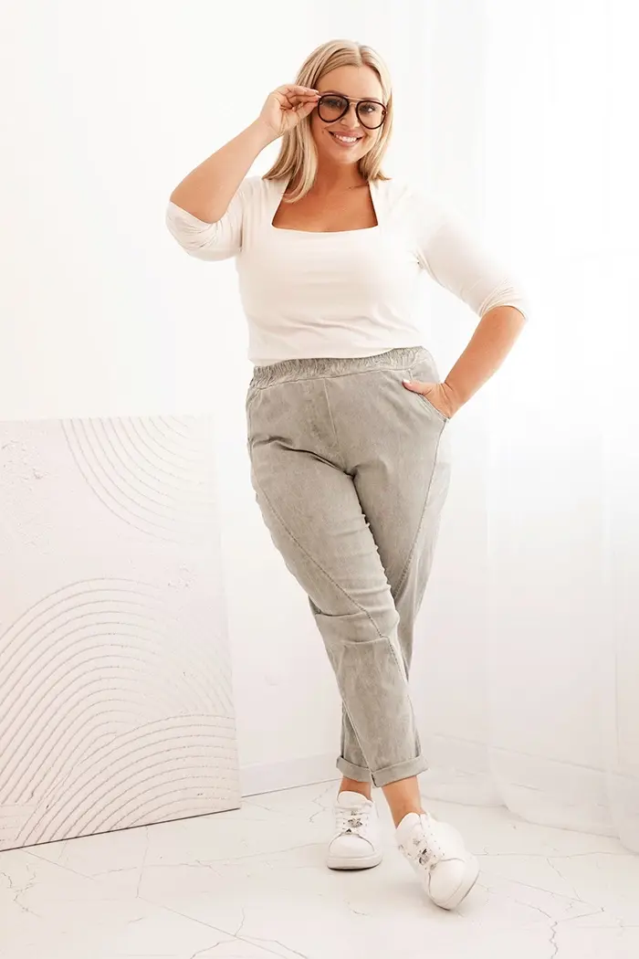 Kesi Włoski Dámske nohavice Plus Size dekantované s viskózou a širokou gumou jasné khaki