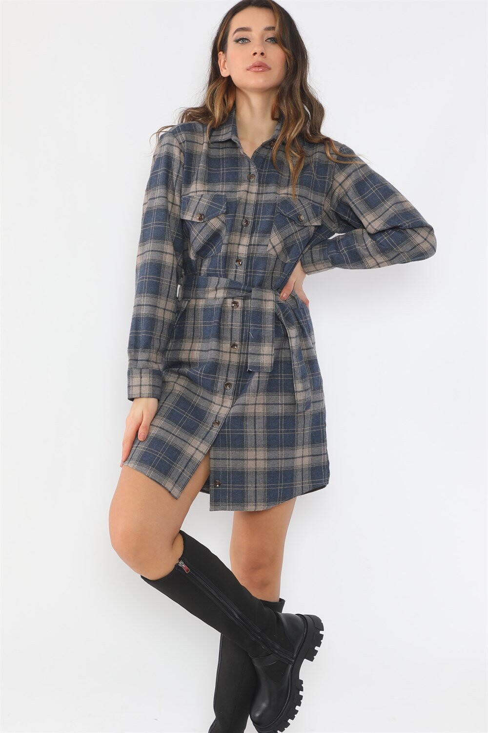 Z6669 DEWBERRY WOMEN'S SHIRT-NAVY-BEIGE
