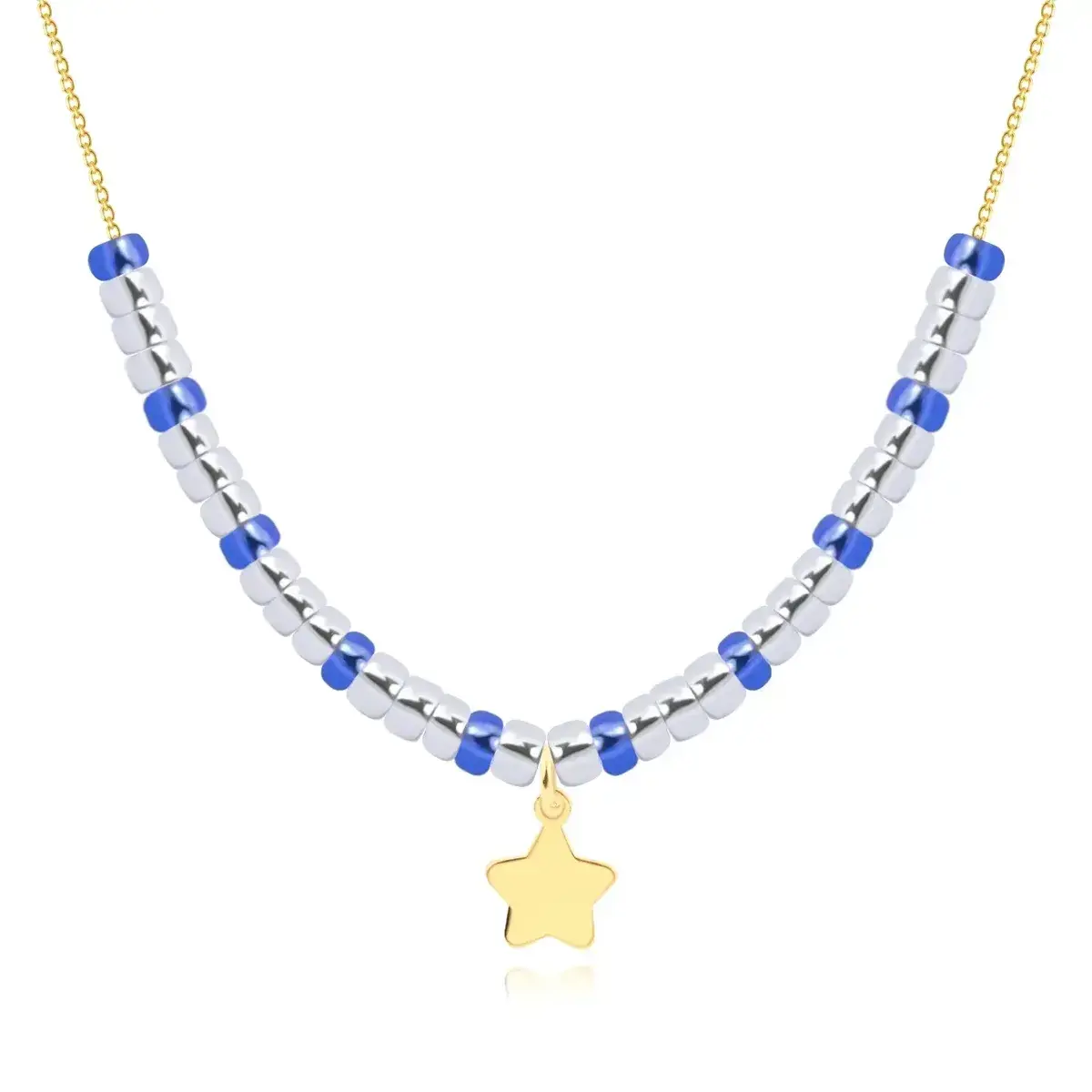 Zlatý 9K náhrdelník - plochá hviezda, číre a modré kryštáliky