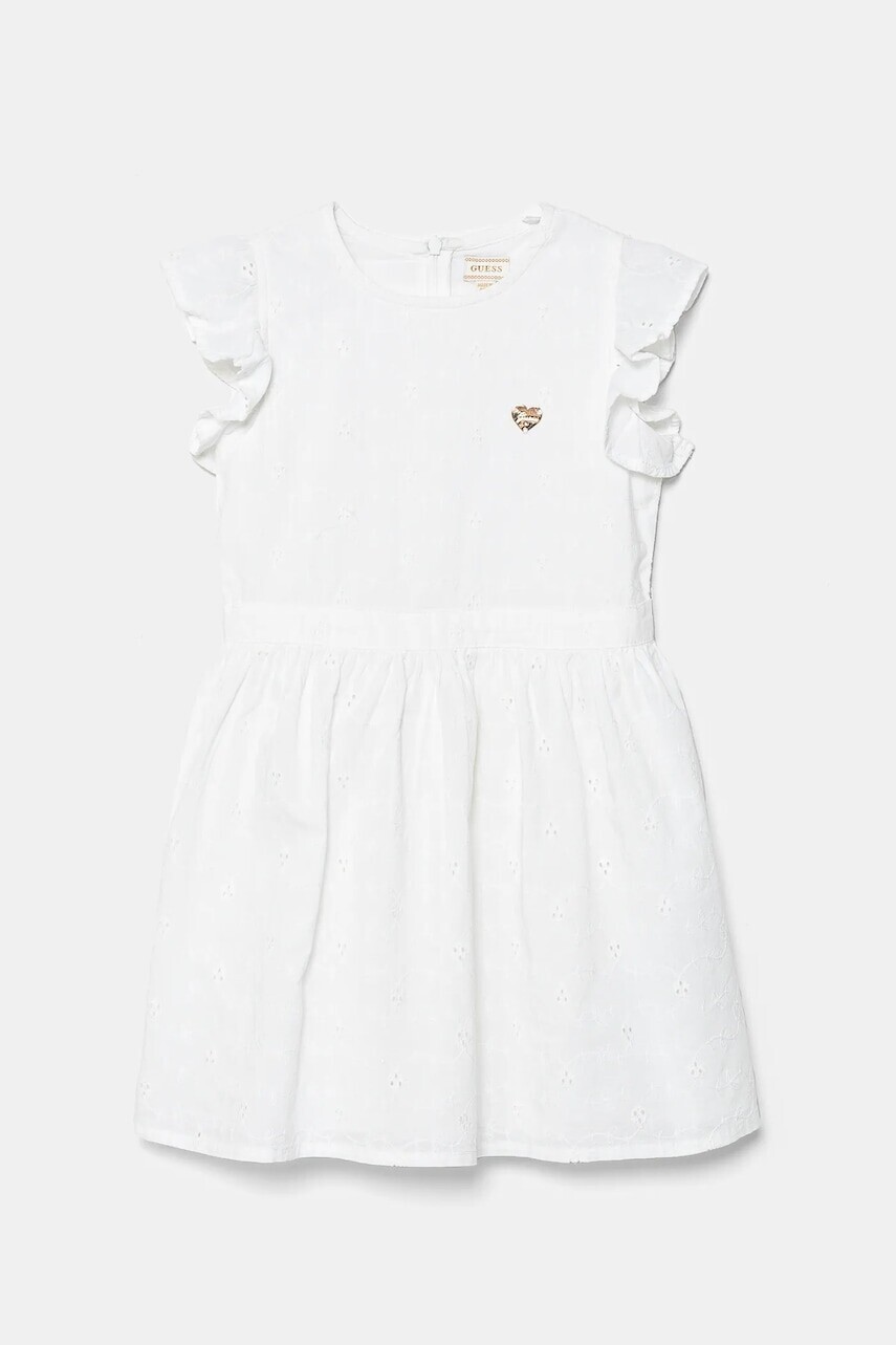 Dievčenské bavlnené šaty Guess biela farba, mini, áčkový strih, K5GK12 WH710