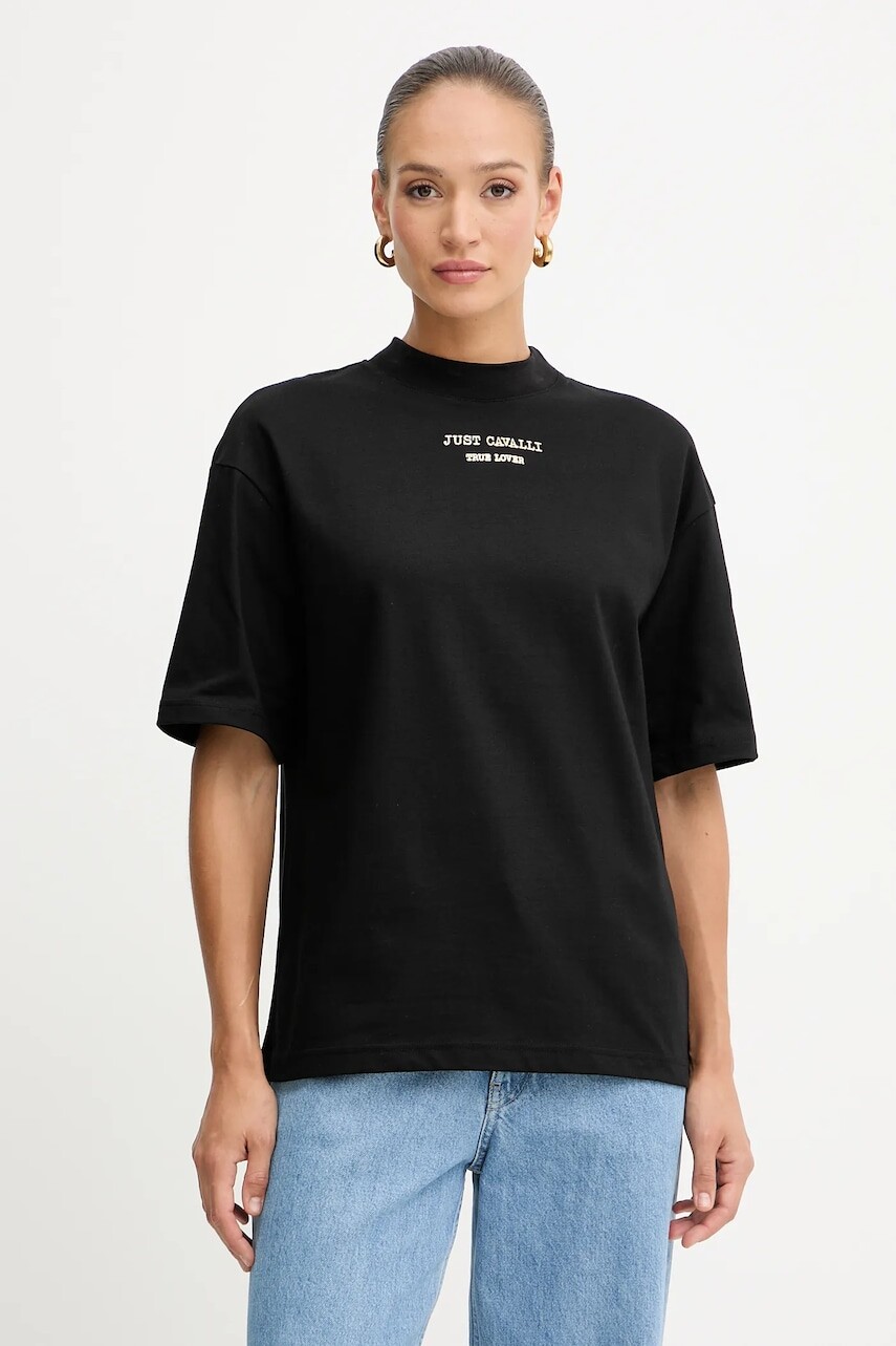 Bavlnené tričko Just Cavalli dámske, čierna farba, 79PAHT01 CJ518