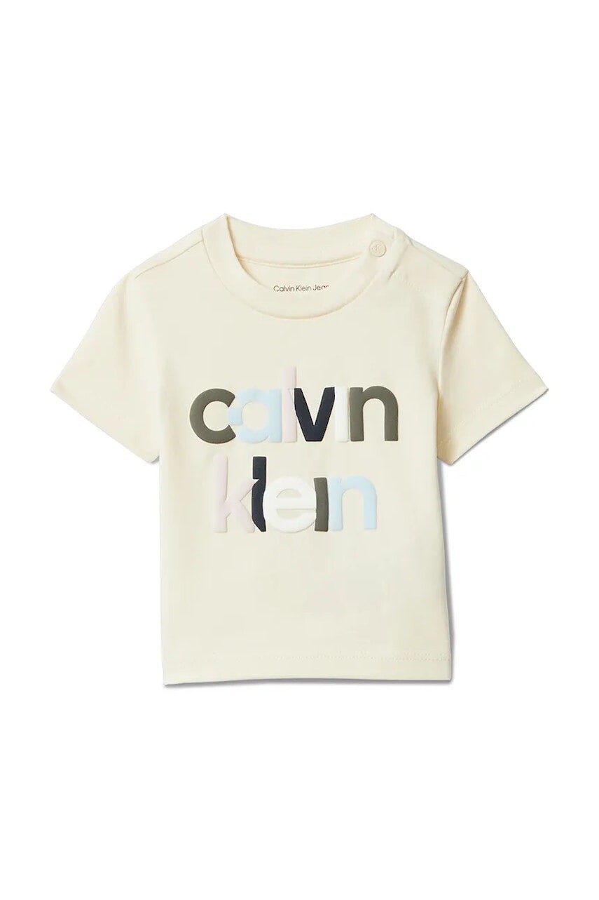 Detské bavlnené tričko Calvin Klein Jeans béžová farba, s potlačou, IN0IN00332