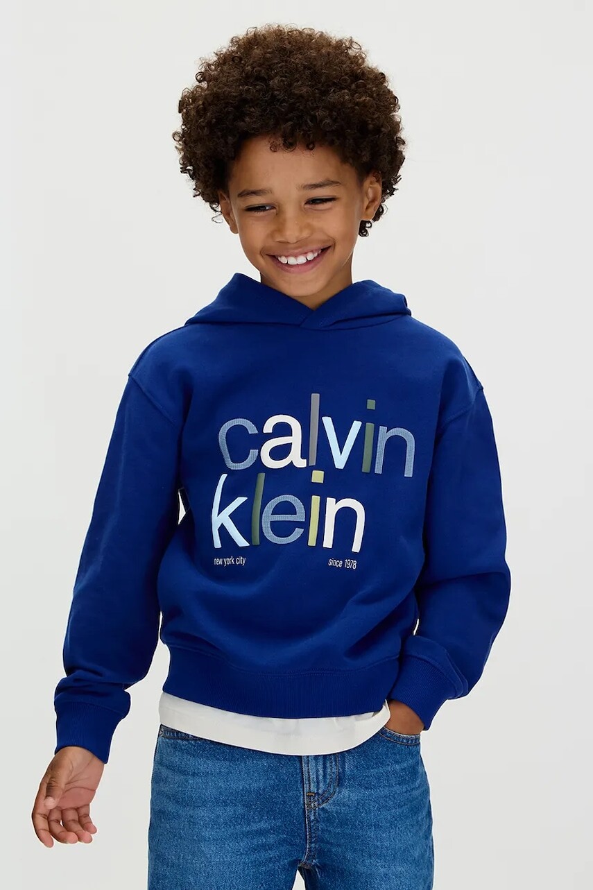 Detská mikina Calvin Klein Jeans tmavomodrá farba, s kapucňou, s potlačou, IB0IB02563