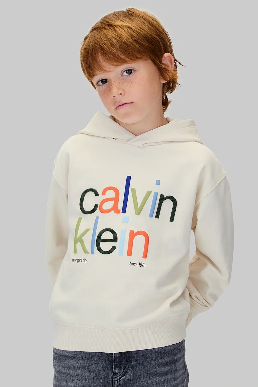 Detská mikina Calvin Klein Jeans béžová farba, s kapucňou, s potlačou, IB0IB02563