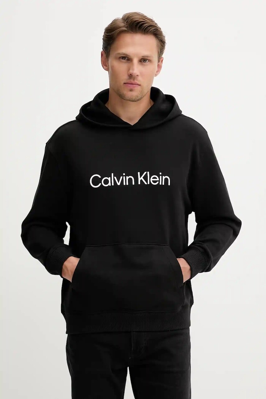 Bavlnená mikina Calvin Klein čierna farba, s kapucňou, s potlačou, LV14LD231G