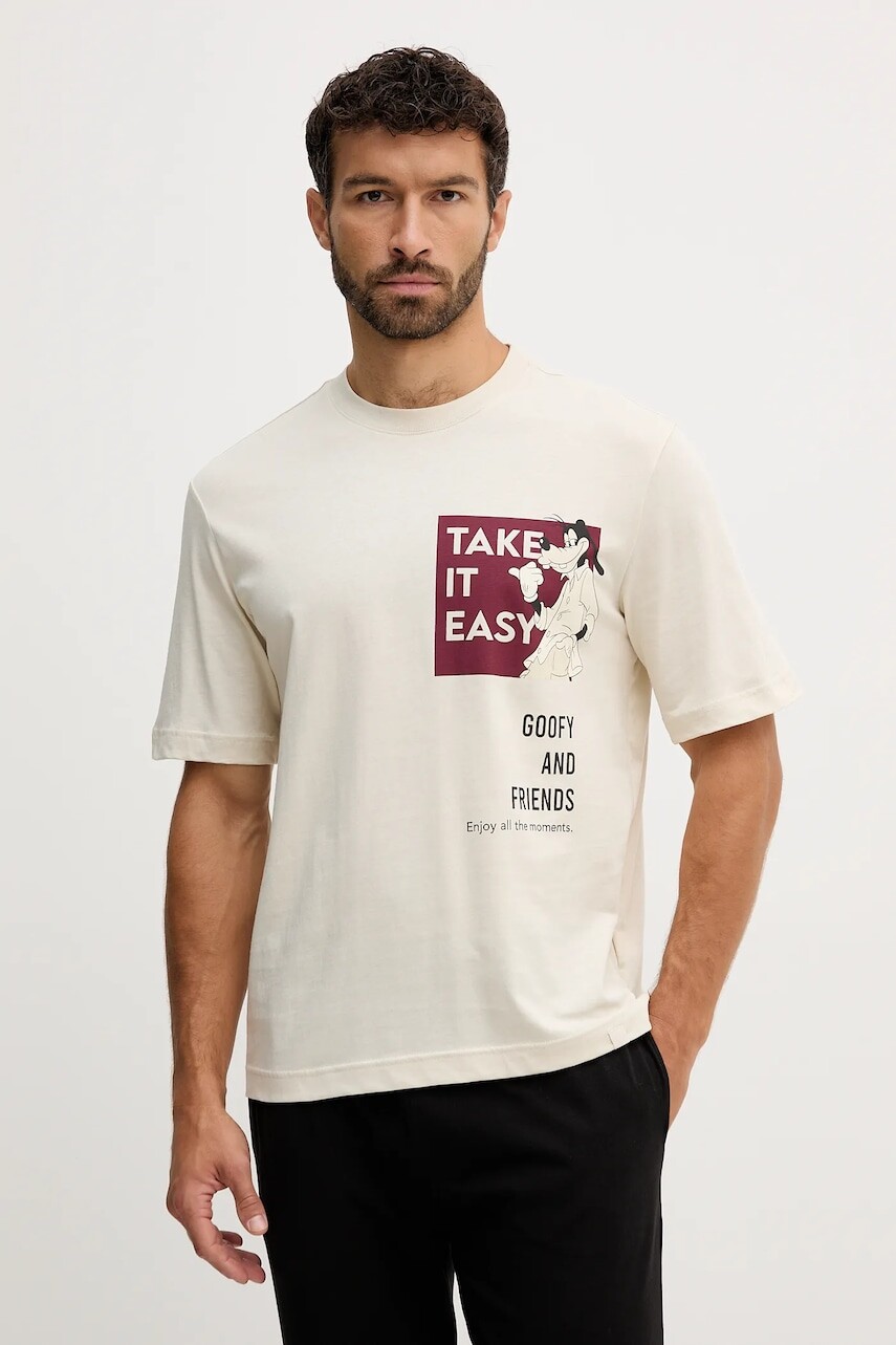 Bavlnené pyžamové tričko United Colors of Benetton béžová farba, s potlačou, 30964M024