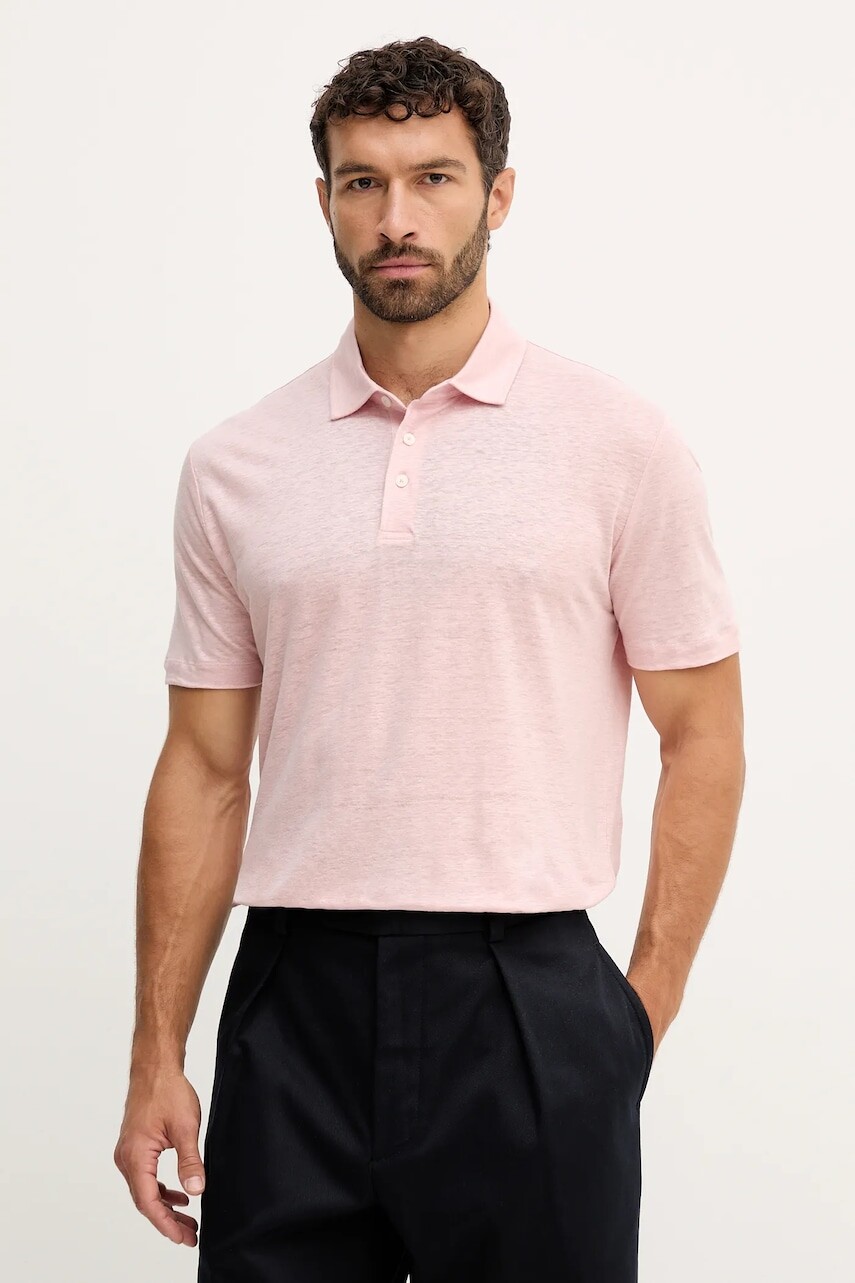 Ľanové polo BOSS BECKHAM X BOSS ružová farba, melanžová, 50552246