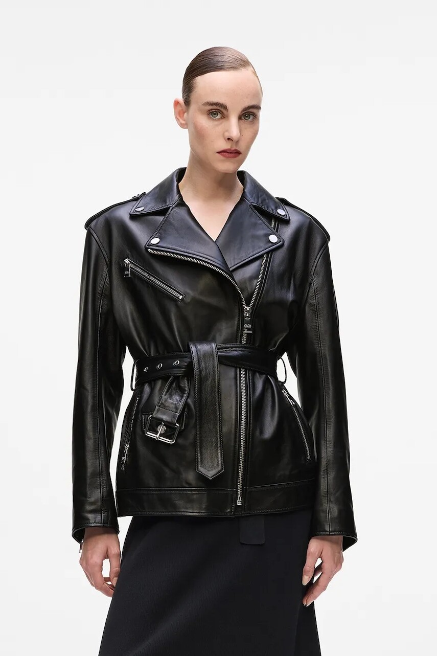 Kožená bunda Karl Lagerfeld čierna farba, prechodná, A4W14061