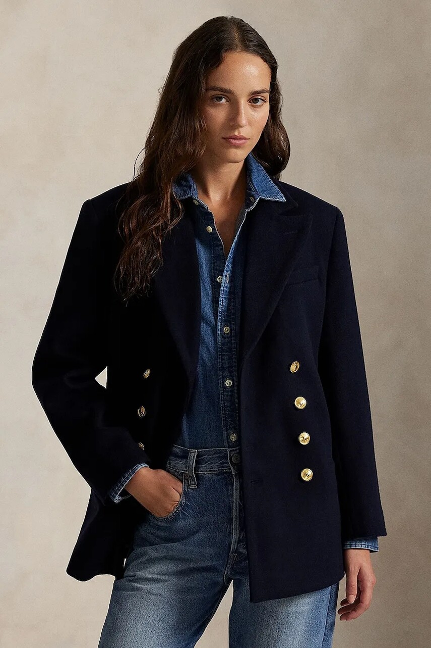 Vlnené sako Polo Ralph Lauren tmavomodrá farba, dvojradové, jednofarebné, 211971388