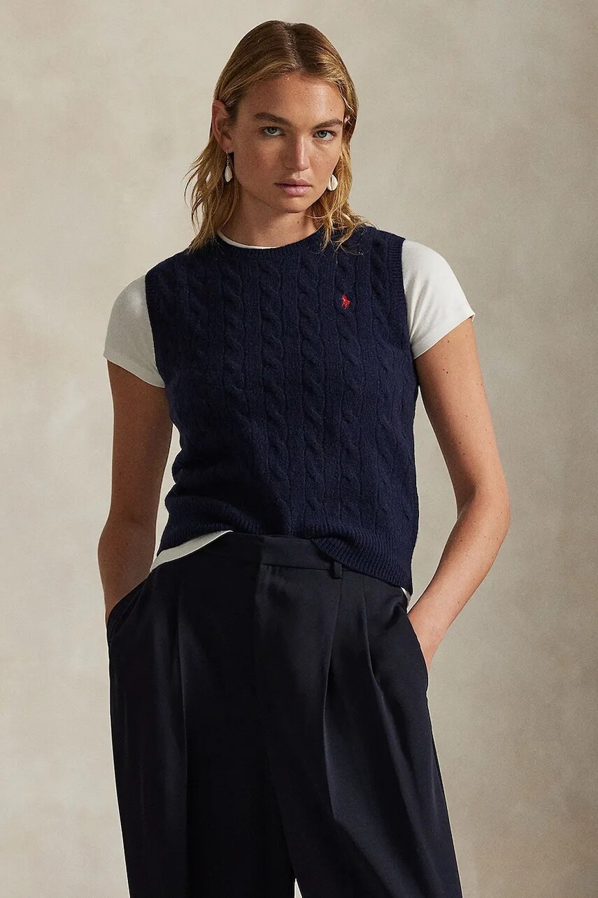 Kašmírová vesta Polo Ralph Lauren tmavomodrá farba, 211972134