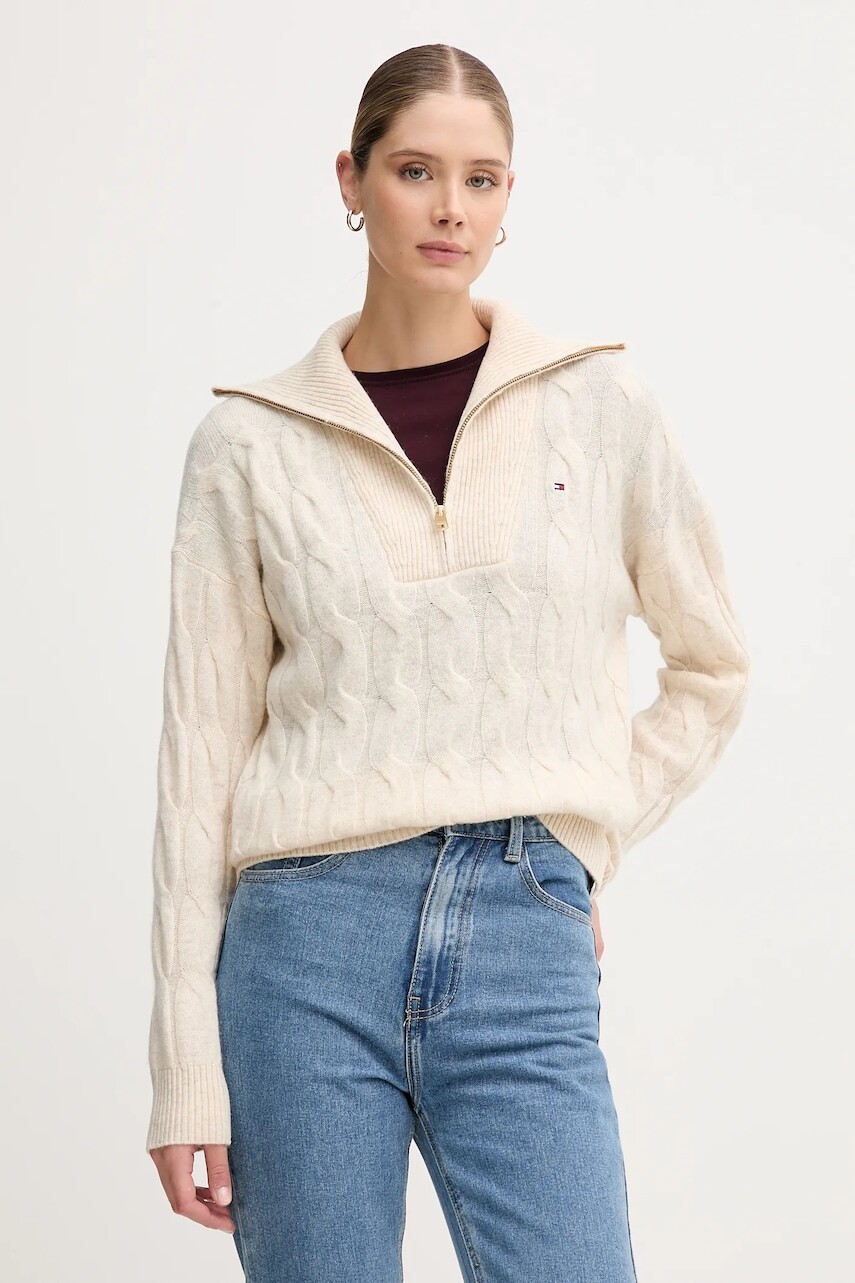 Vlnený sveter Tommy Hilfiger béžová farba, WW0WW46425