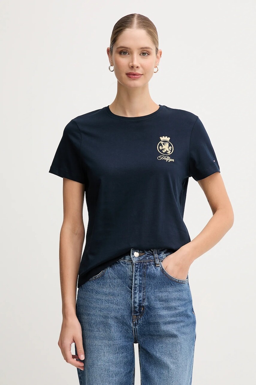 Bavlnené tričko Tommy Hilfiger dámske, tmavomodrá farba, WW0WW46153