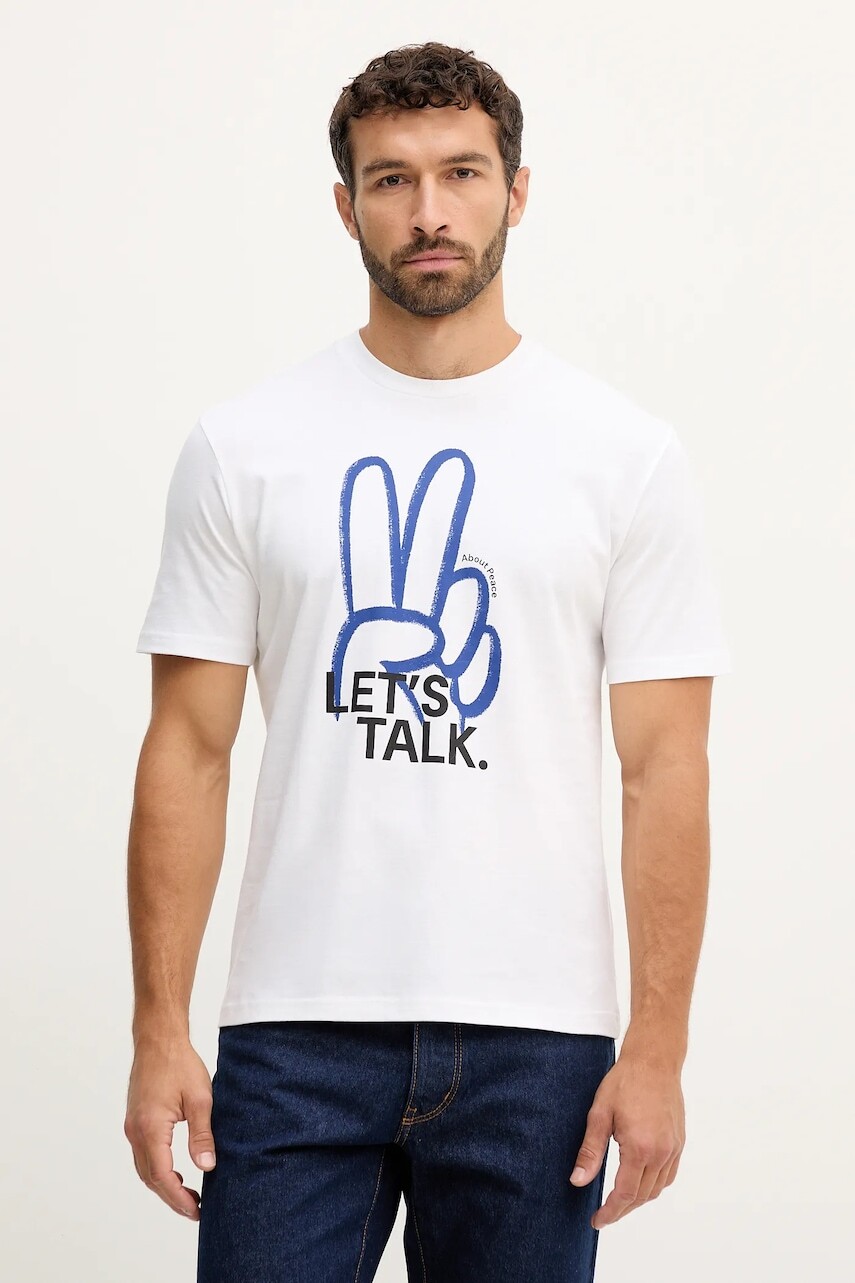 Bavlnené tričko United Colors of Benetton pánske, biela farba, s potlačou, 3MI5U10AT