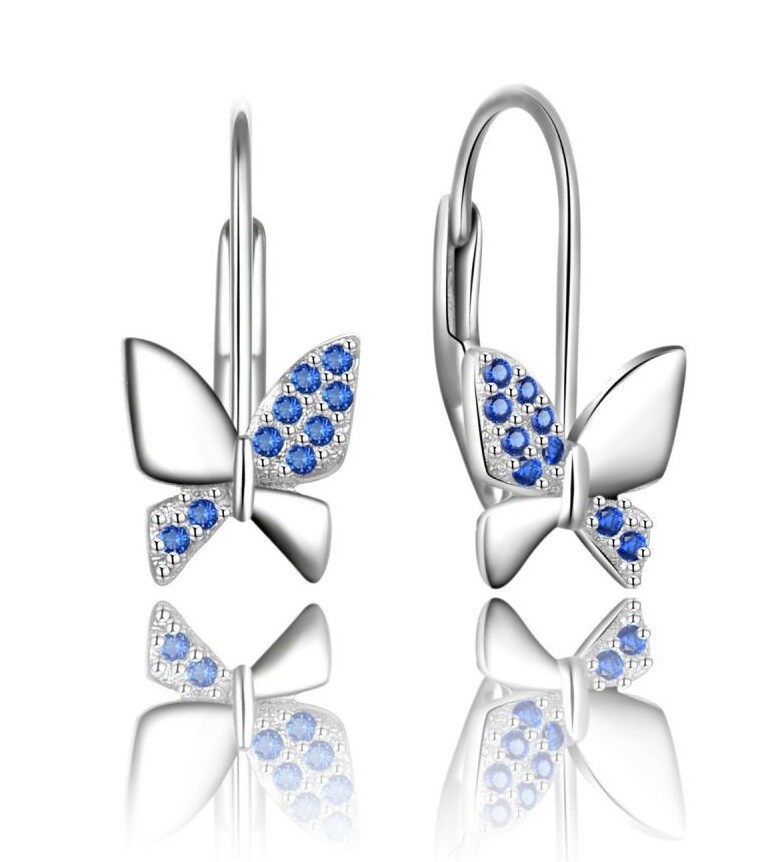MOISS Krásne strieborné náušnice Motýliky s modrými zirkónmi E0001928