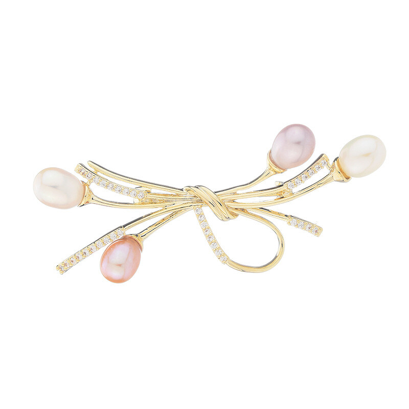 Troli Elegantná pozlátená brošňa s kryštálmi a syntetickými perlami Gold
