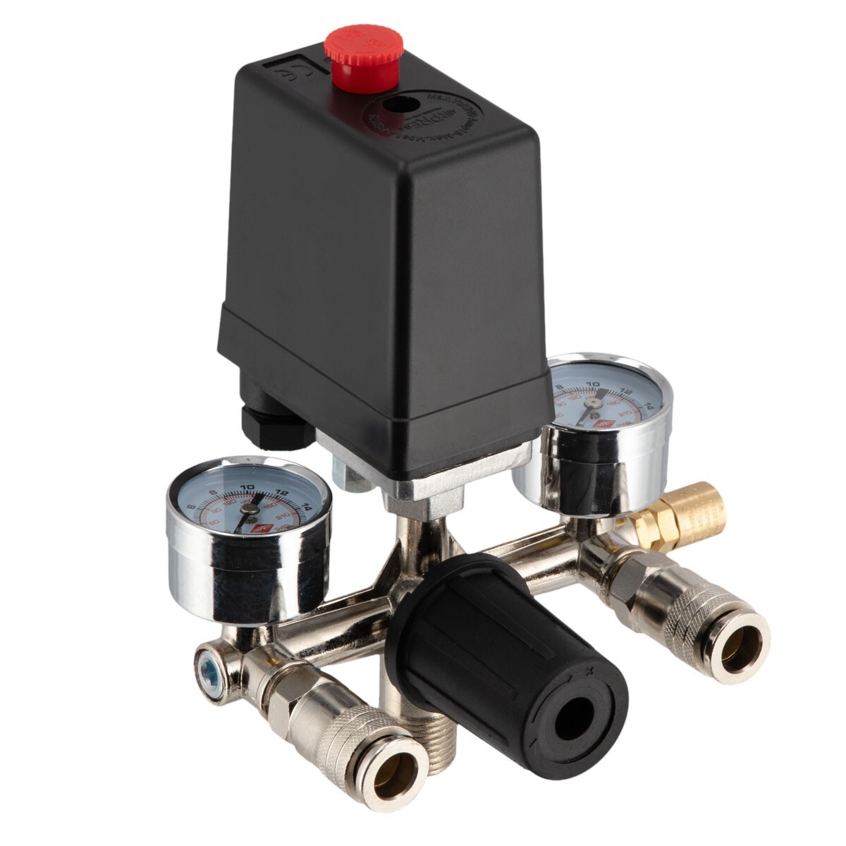 Regulátor tlaku s tlakovým spínačom, 2 manometrami a 2 rýchlospojkami