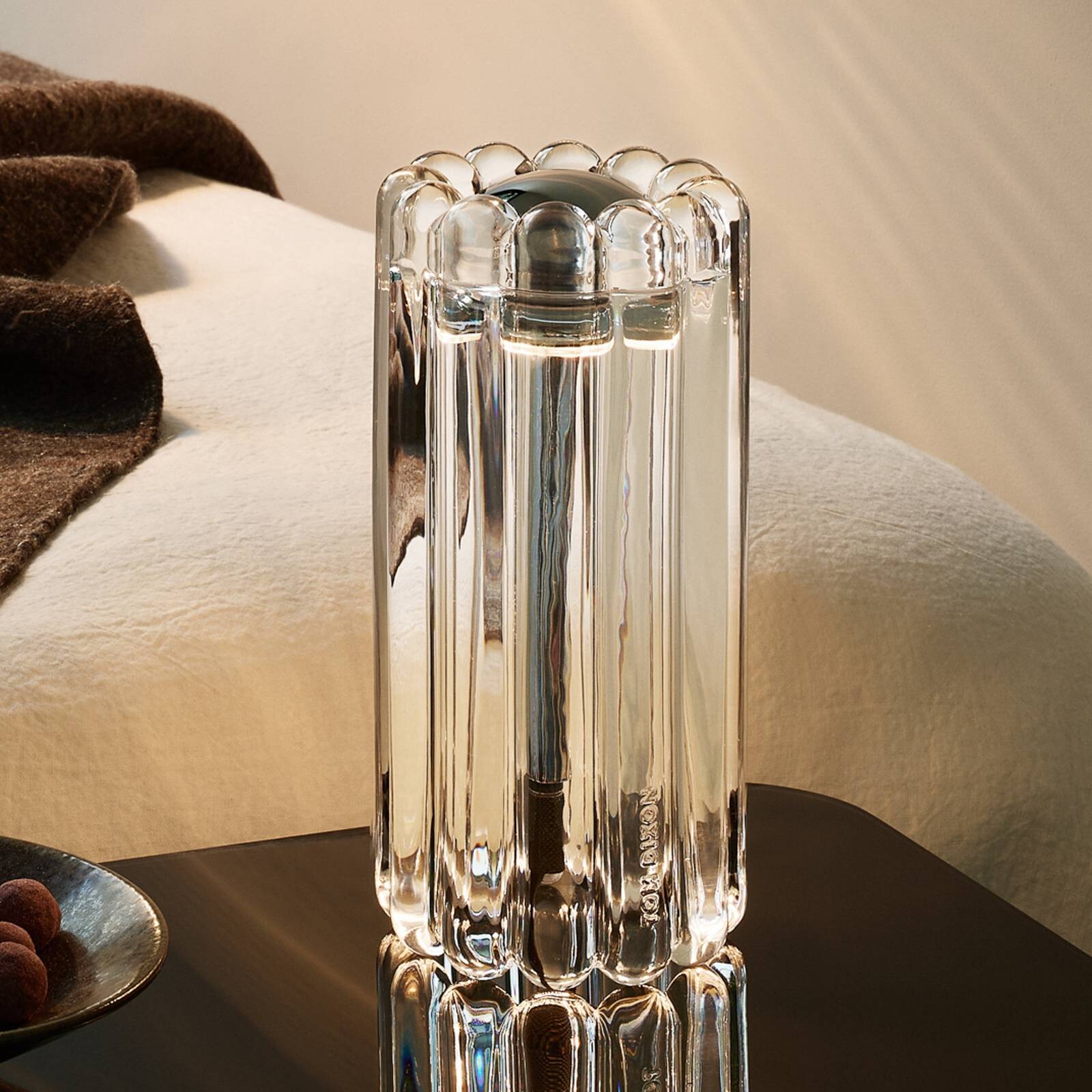 Tom Dixon Stolová LED lampa Press, číra, sklo, 24 cm, 927 stmievateľné