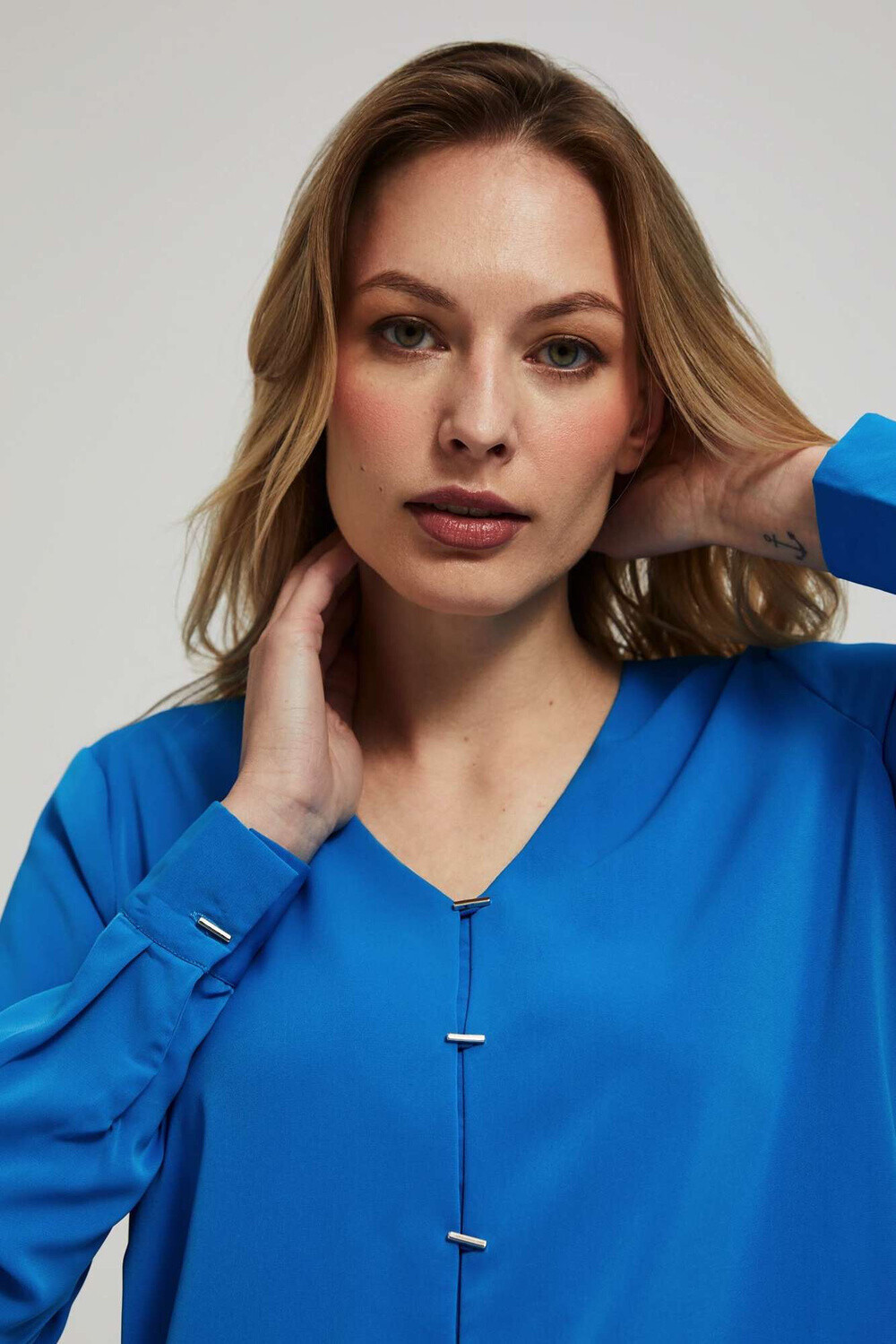 Marisse Azure V-Neck Shirt With Delicate Buttons