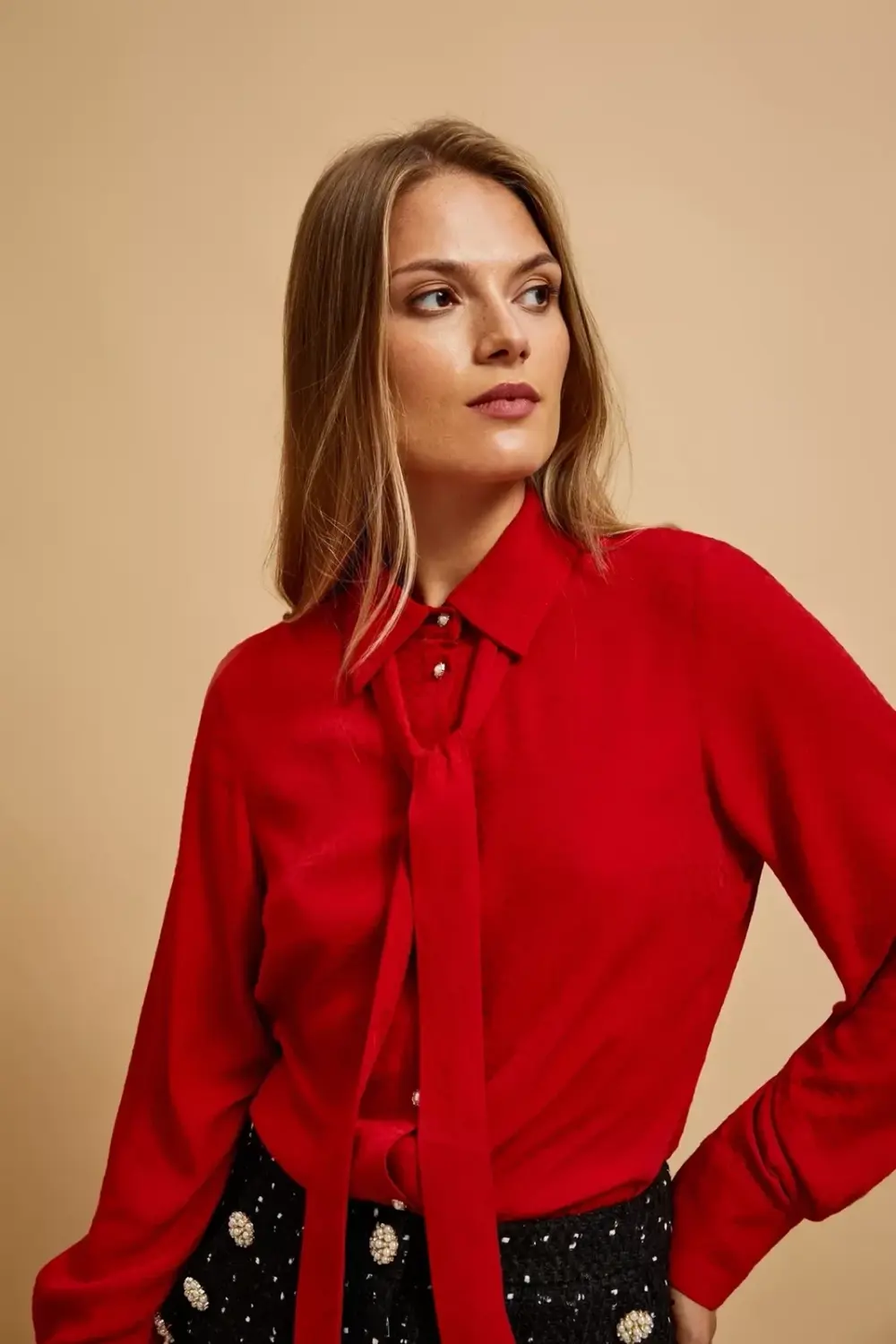 Marisse Red Tie-Neck Shirt