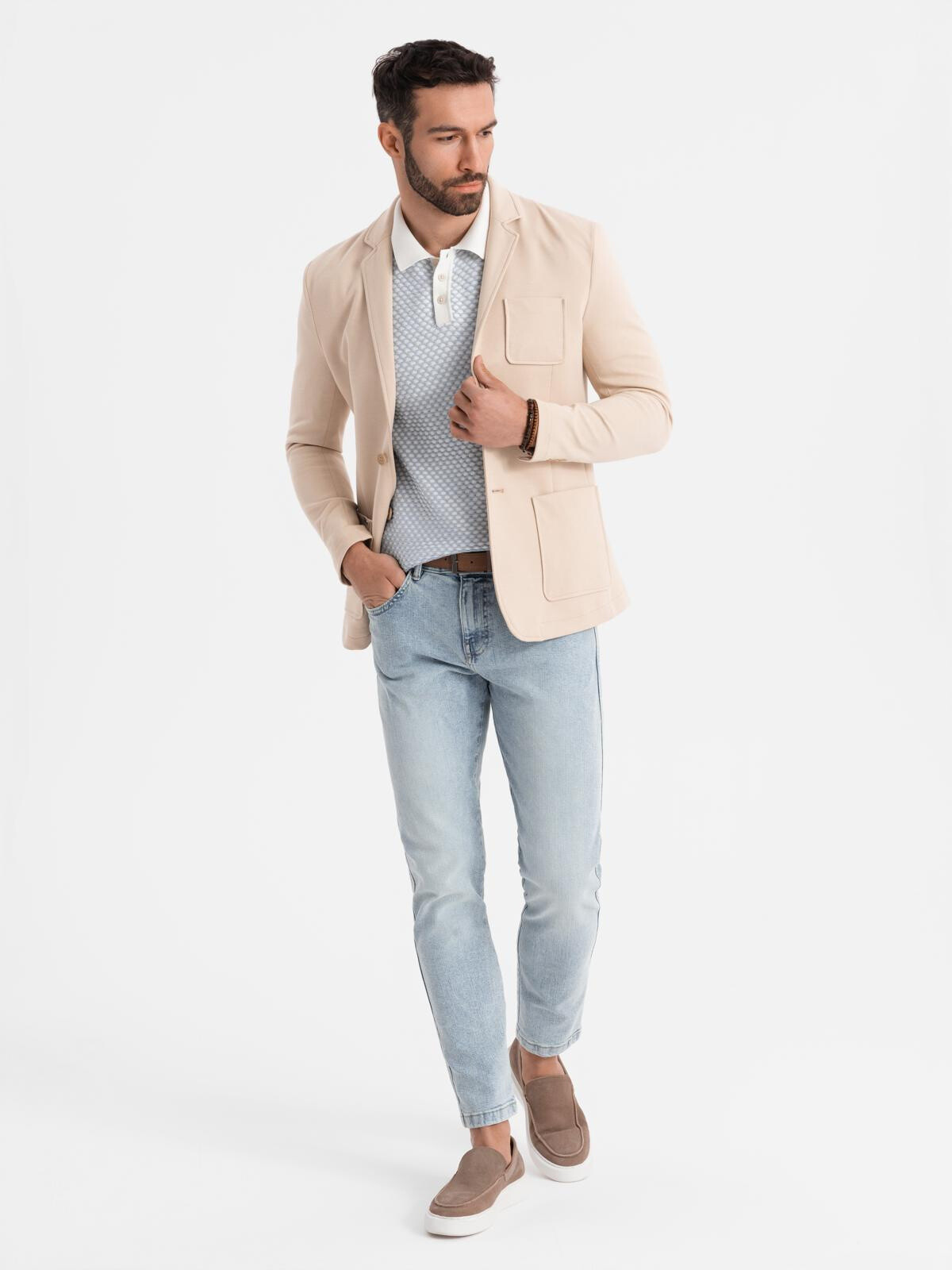 Ombre Men's SLIM knit jacket with subtle texture - beige