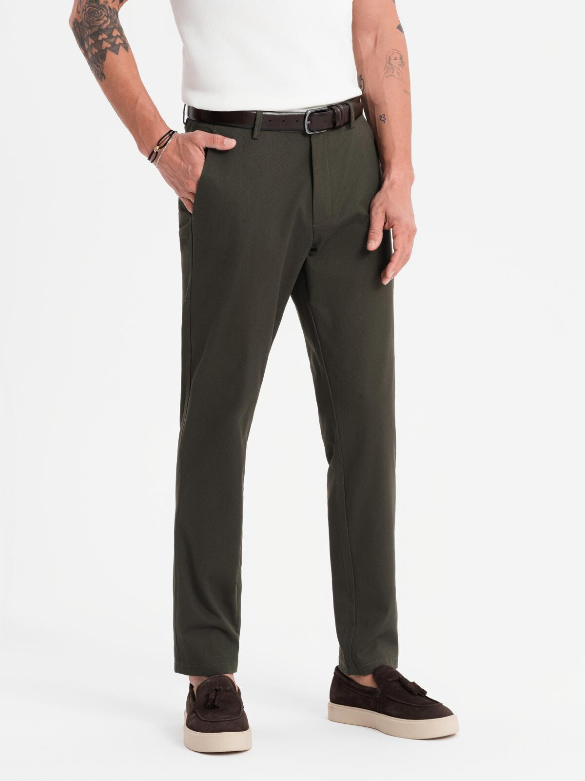 Ombre Men's REGULAR FIT chino pants with fine texture - dark green