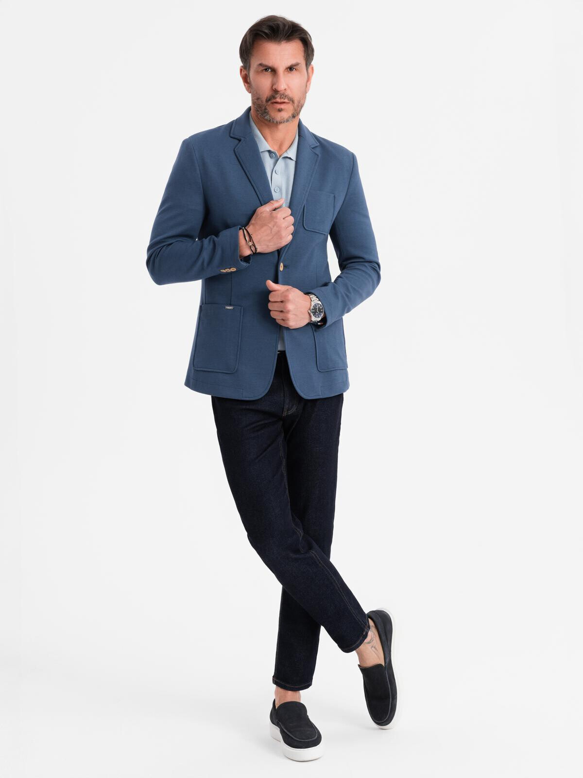 Ombre Men's SLIM knit jacket with subtle texture - dark blue