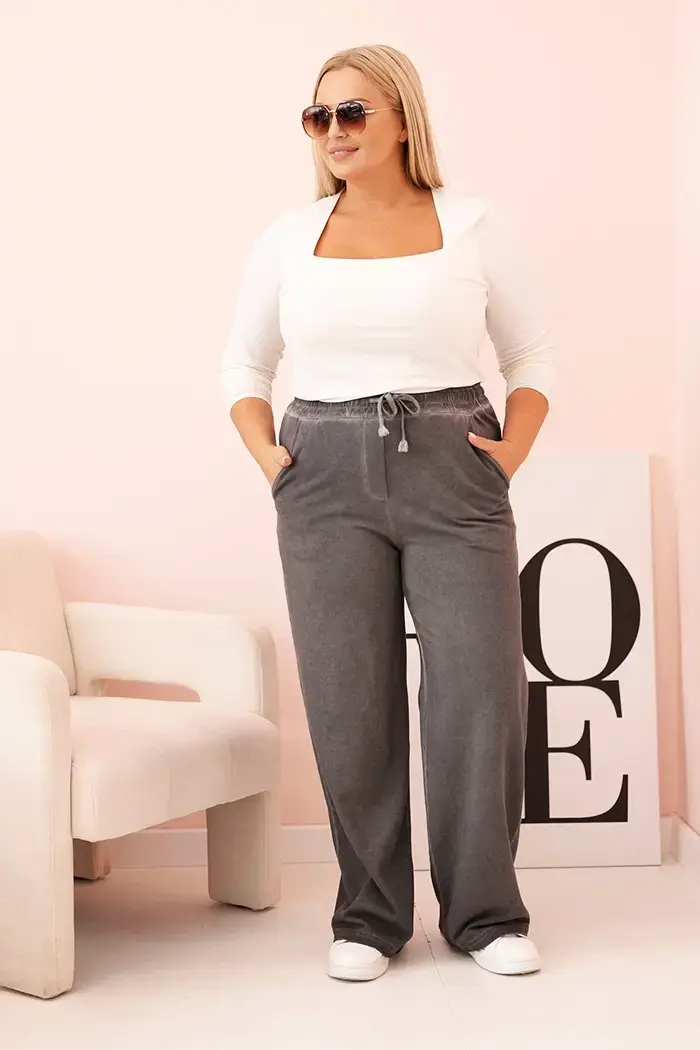 Kesi Włoski Dámske nohavice Plus Size z viskózy so širokými nohavicami a elastickým pásom grafitové