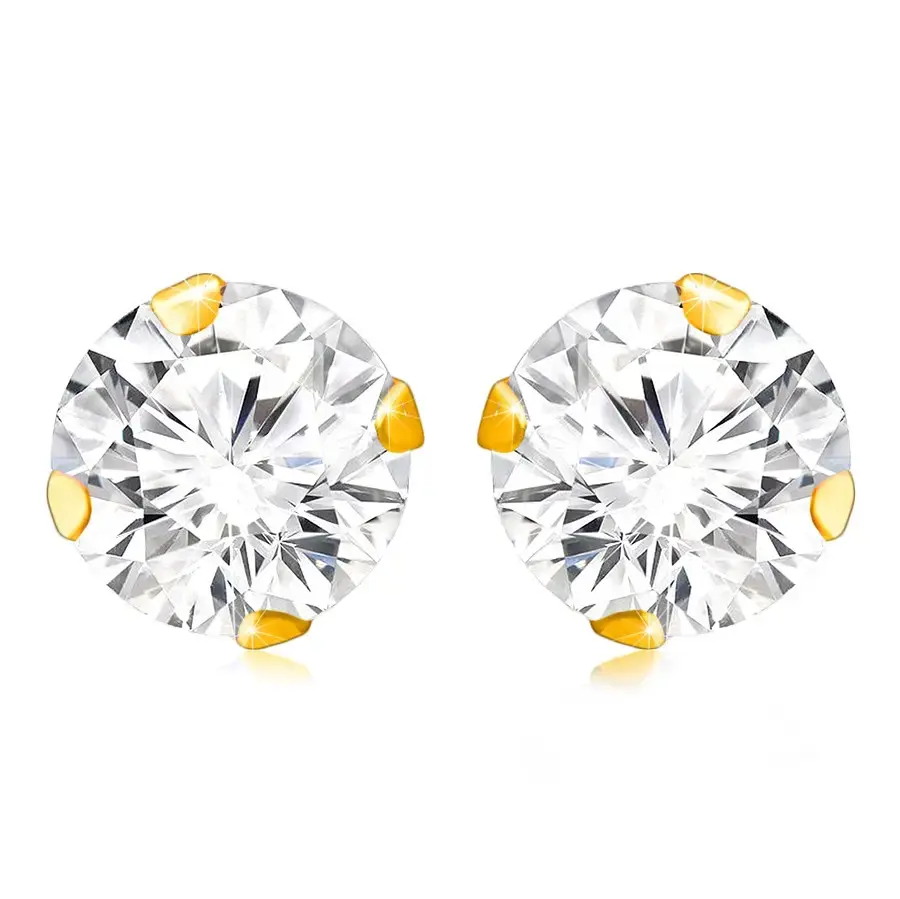 Puzetové náušnice v 375 zlate - okrúhly zirkón v čírom odtieni, lesklé paličky